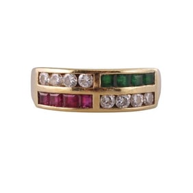 18k Gold Diamond Emerald Ruby Half Band Ring