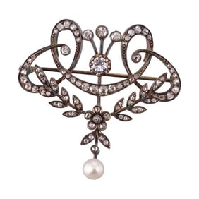 Antique 18k Gold Silver Pearl Diamond Brooch Pin