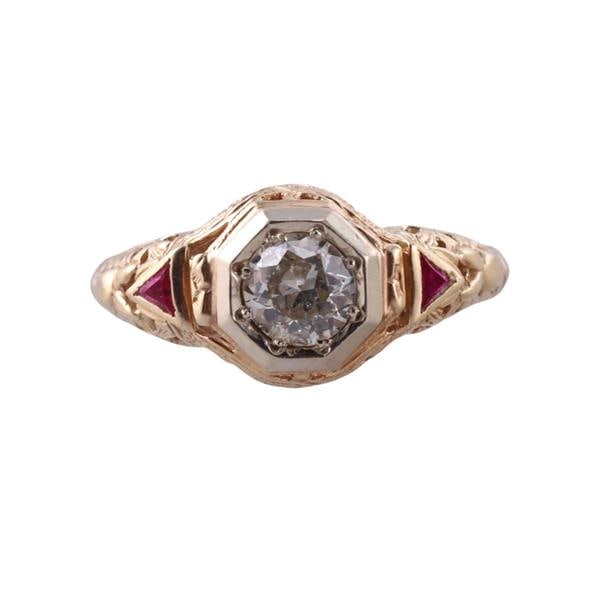 Art Deco Filigree 14k Gold Diamond Ruby Engagement  Ring (1 of 4)