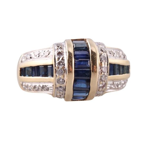 14k Gold Diamond Sapphire Ring: METAL: 14k Gold. GEMSTONES: Diamonds approx. 0.44ctw. Sapphire. MEASUREMENTS: Ring size 5, top is 11.7mm. MARKED: 14k, 1775, scratched. WEIGHT: 8.9 grams.Gemstones have not been graded for color and c
