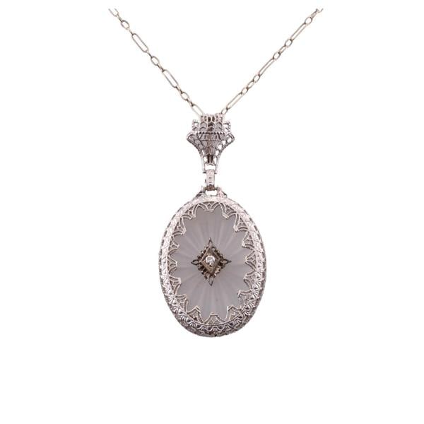 Art Deco Filigree 14k Gold Rock Crystal Diamond Pendant Necklace (1 of 3)