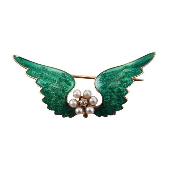 Antique 14k Gold Pearl Diamond Enamel Angel Wings Brooch Pin (1 of 3)