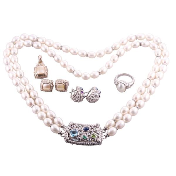 Judith Ripka Silver Multi Gemstone Pearl Ring Pendant Necklace Earrings Lot (1 of 4)