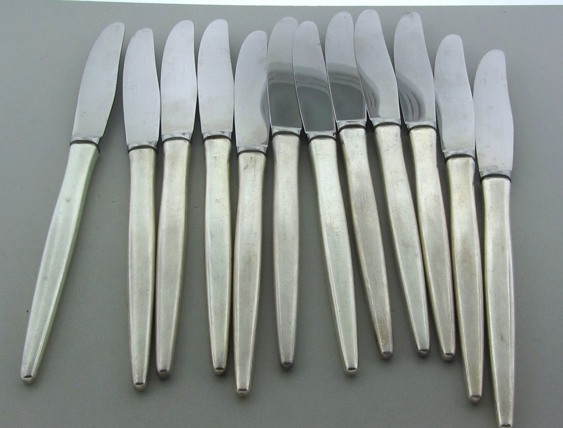 035: Michelsen Tulip Sterling Butter Knife Set 12pc: Measurements - 7". marks - H.Nils, A.Michelsen,Sterling,Denmark,A.Michelsen Denmark,Raadvad Stainless. weight - n/a