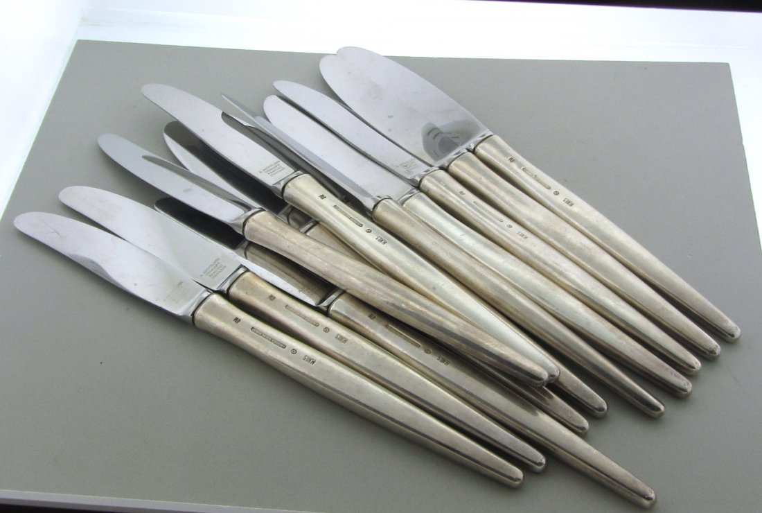 036: Michelsen Tulip Sterling Place Knife Set 12pc: Measurements - 8 1/2". marks - H.Nils, A.Michelsen,Sterling,Denmark,A.Michelsen Denmark,Raadvad Stainless. weight - n/a