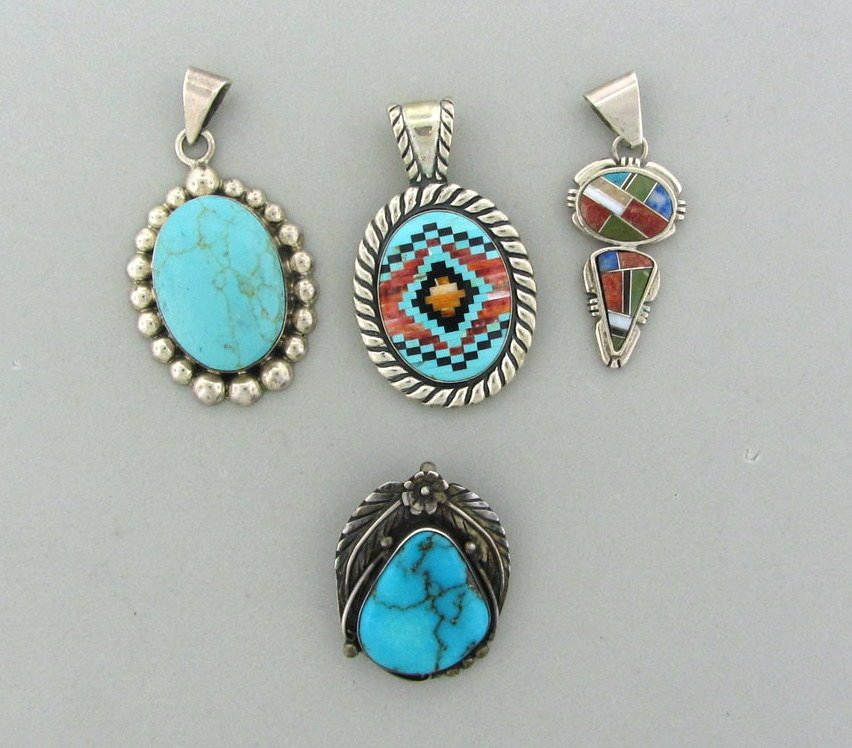 076: Native American Mexican Silver Gemstone Pendant Lo: Measurements - pendants are 53mm x 21mm,30mm x 37mm,58mm x 32mm,54mm x 33mm. total weight - 67.1 grams. all signed by makers.