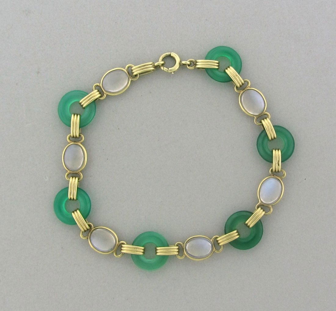 Art Deco 14k Gold Chrysoprase Moonstone Bracelet: Measurements - 8" long and 12mm wide. gemstones - chrysoprase,moonstone. weight - 12.4 grams
