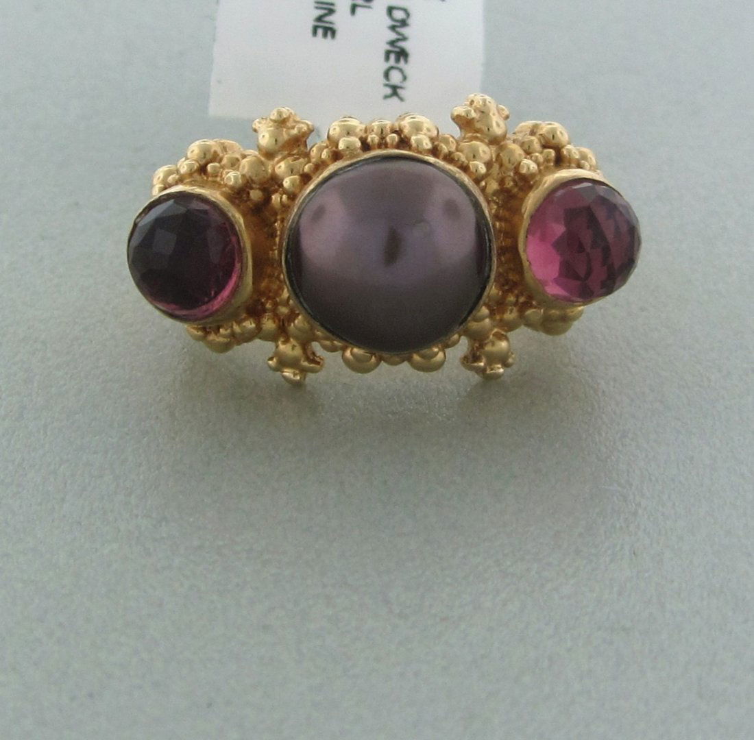 Stephen Dweck 18k Gold Pearl Tourmaline Ring: Measurements - ring size 2 3/4, ring is 10mm wide. pearl - 8mm in diameter, torumalines - 5mm in diameter. marks - Stephen Dweck,18k. weight - 9.4 grams. consigner # eas