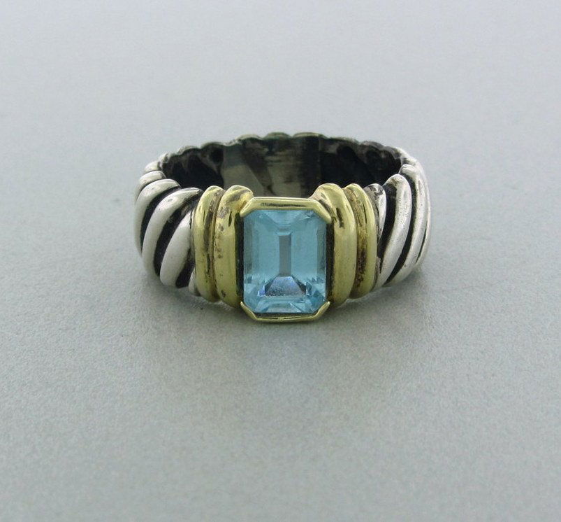 David Yurman Silver 14k Gold Blue Topaz Cable Ring: Measurements - ring size 7 1/2, ring is 9.5mm wide. topaz - 6mm x 8mm. marks - D.Yurman,14k,925. weight - 7.8 grams