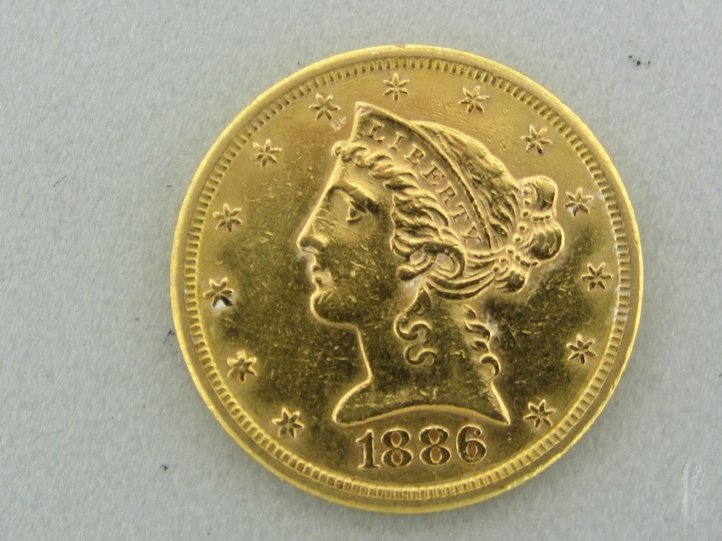1886-S LIBERTY HEAD $5 FIVE DOLLAR GOLD COIN: 1886-S LIBERTY HEAD $5 FIVE DOLLAR GOLD COIN