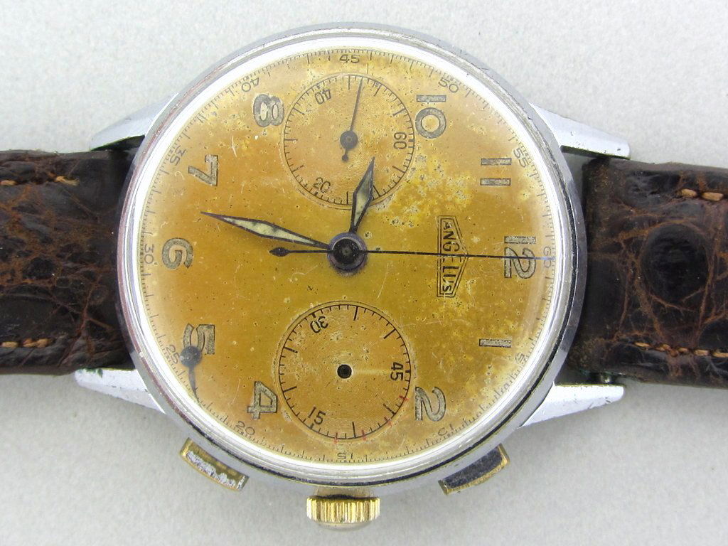 Vintage Angelus Chronograph Steel Watch: steel case 43mm lug tip to lug tip X 35mm excluding crown. 2 register chronograph, manual wind.