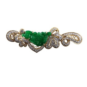 18k Gold Diamond Carved Jade Brooch Pin
