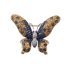 18k Gold Diamond Sapphire Butterfly Brooch Pin