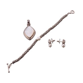 Michael Dawkins Silver Pearl Bracelet Pendant Earrings Lot