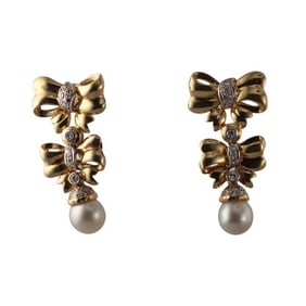 18k Gold Diamond Pearl Bow Drop Earrings