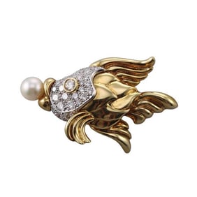 J. Cooper 18k Gold Diamond Pearl Fish Brooch Pin