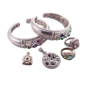 Judith Ripka Silver Multi Gemstone Ring Pendant Cuff Bracelet Lot