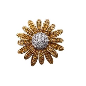 18k Gold Platinum Diamond Yellow Sapphire Sunflower Brooch Pin