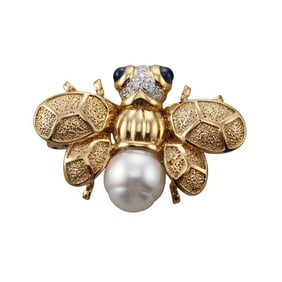 18k Gold Pearl Diamond Sapphire Bee Insect Brooch Pin