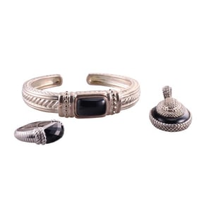 Judith Ripka Silver Onyx Pendant Ring Bracelet Lot