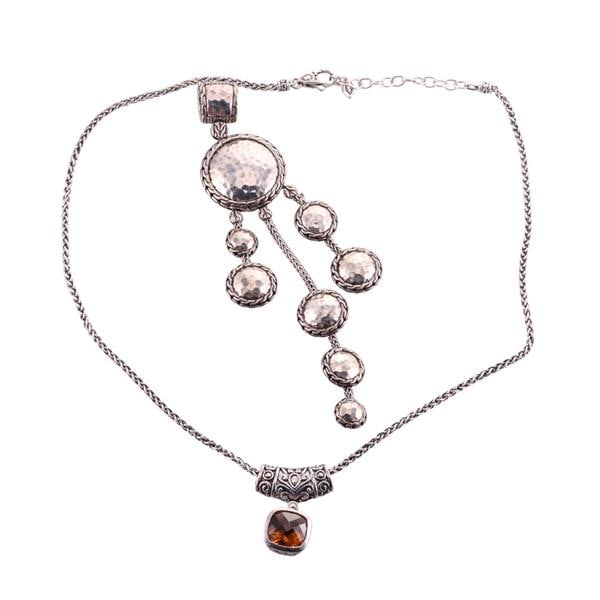 John Hardy Silver Pendant Necklace Lot: METAL: Sterling Silver. GEMSTONES: Citrine. MEASUREMENTS: Necklace is 19.5" long, Pendant - 32mm x 23mm. Drop pendant is 5.10" long. One link on the long pendant is damaged. MARKED: J H 925.