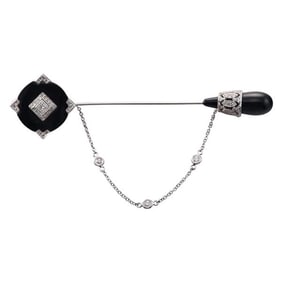 18k Gold Diamond Onyx Jabot Brooch Pin