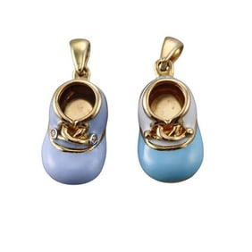 18k Gold Diamond Enamel Baby Shoe Charm Pendant Lot of 2