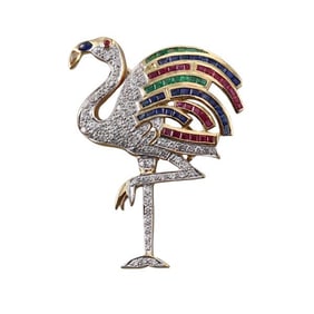 18k Gold Diamond Multi Color Gemstone Flamingo Bird Brooch Pin