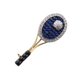 18k Gold Diamond Sapphire Tennis Racquet Brooch Pin
