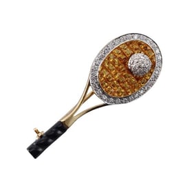 18k Gold Diamond Yellow Sapphire Tennis Racquet Brooch Pin