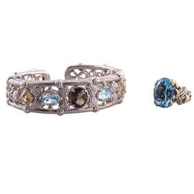 Judith Ripka Silver Multi Color Quartz Cuff Bracelet Ring Lot
