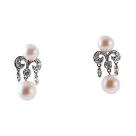Midcentury 14k Gold Diamond Pearl Earrings