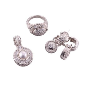 Judith Ripka Silver Cubic Zirconia Pearl Pendant Ring Earrings Lot