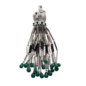 18k White Gold Diamond Onyx Chalcedony Panther Tassel Pendant