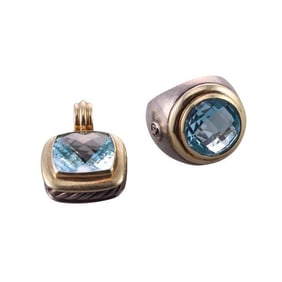 David Yurman Silver Gold Topaz Pendant Ring Set