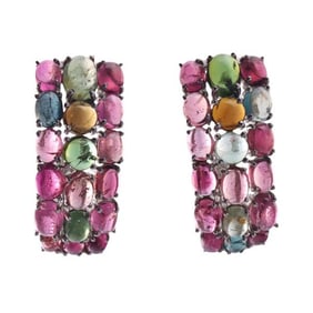 14k Gold Silver Multi Color Tourmaline Diamond Earrings