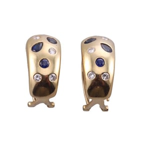 18k Gold Diamond Sapphire Half Hoop Earrings