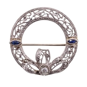 Art Deco Filigree 14k Gold Diamond Brooch Pin