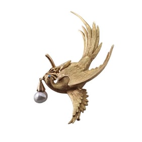 Vintage 18k Gold Turquoise Pearl Bird Brooch