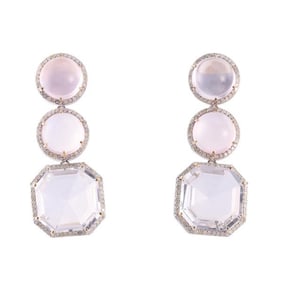 14k Gold Silver Rose Quartz Rock Crystal Diamonds Drop Earrings