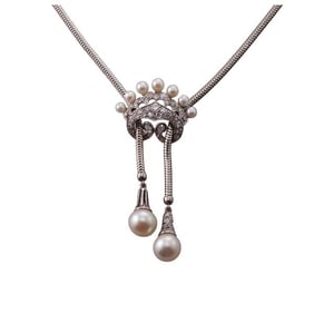 Retro 18k Gold Platinum Diamond Pearl Necklace