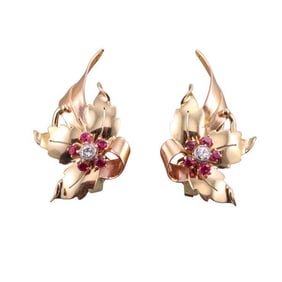 Retro 14k Two Tone Diamond Ruby Earrings