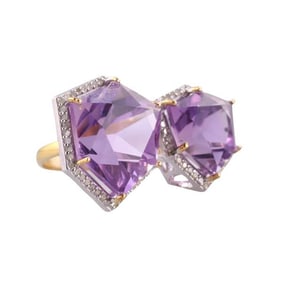 14k Gold Silver Amethyst Diamond Ring