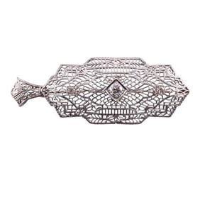 Art Deco 14k Gold Diamond Filigree Brooch Pendant