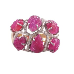 14k Gold Silver Diamond Carved Ruby Leaf Motif Ring