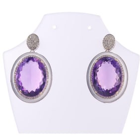 14k Gold Silver Amethyst Enamel Diamond Oval Dorp Earrings