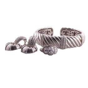 Judith Ripka Sterling Silver Cubic Zirconia Cuff Bracelet Ring Earrings Lot