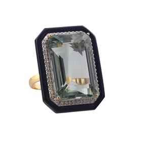 14k Gold Silver Diamond Prasiolite Onyx Ring