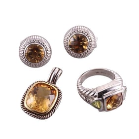 Judith Ripka Silver Lemon Quartz Pendant Ring Earrings Lot
