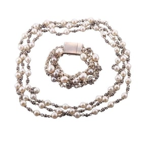 Michael Dawkins Silver Pearl Necklace Bracelet Set